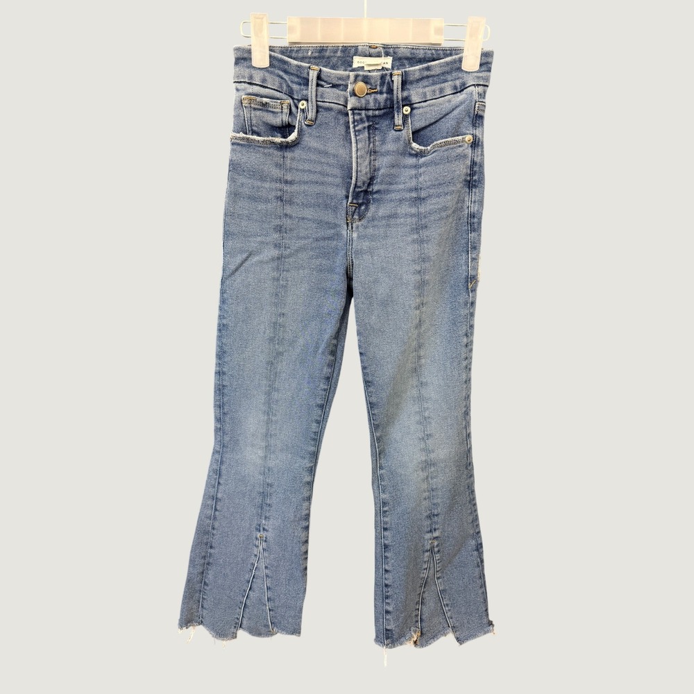 Good American Good Flare Jeans Womens 0 25 Blue Split Hem Raw Edge GLCMB852T